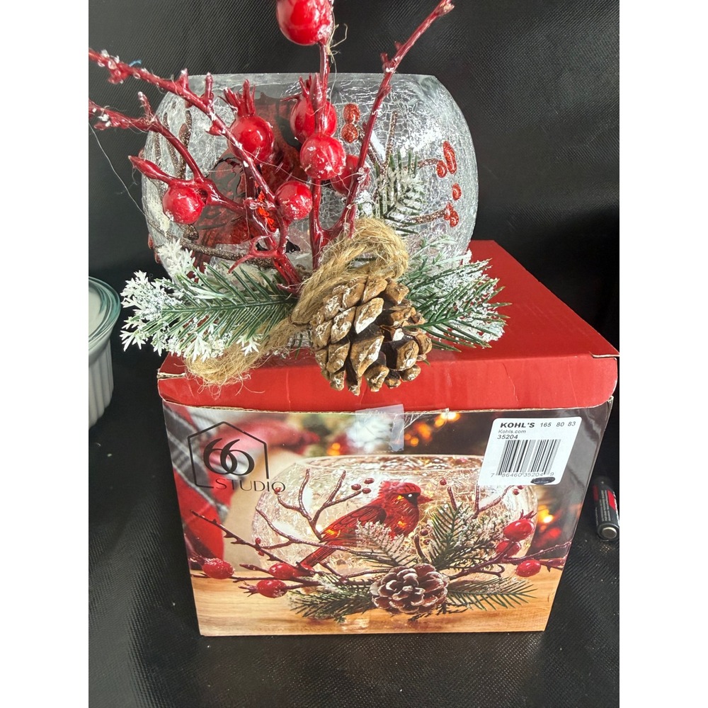 Studio 66‎ Crackle Glass Cardinal Candle Holder Winter Berries Pinecone Holiday